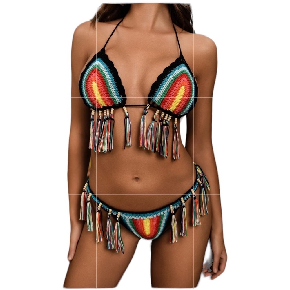 Fashion, nova handmade crocheted tassel cheeky bikinis SZ S